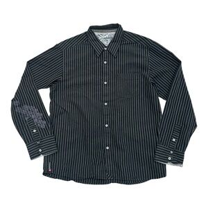Quiksilver Vintage Black Striped Men's Long Sleeve Button Down Shirt Embroidered